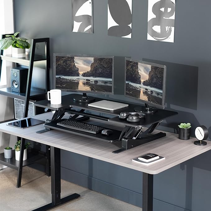 VIVO 48 inch Height Adjustable Large Stand Up Desk Converter, V Series, Quick Sit to Stand Tabletop Dual Monitor Riser Workstation, Black, DESK-V048V
