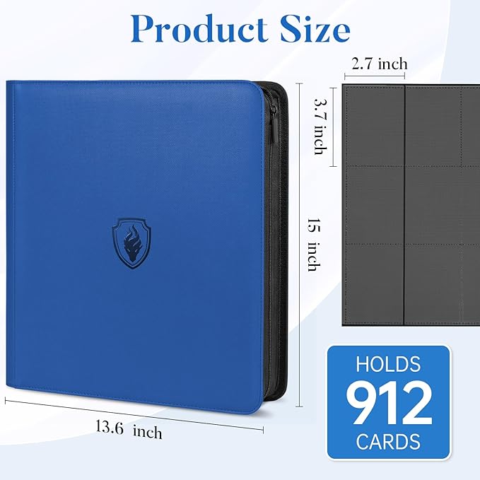 Premium Zip Card Binder 12 Pocket, Fabmaker 912 Pockets Trading Card Binder, PU Zipper Card Collection Album, Sturdy Side-Loading Card Book Holder for Game & Sports Cards, Royal Blue
