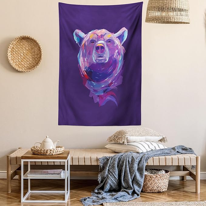 Ambesonne Bear Tapestry, Abstract Portrait with Digital Brushstrokes Wildlife Mascot Display, Wall Hanging for Bedroom Living Room Dorm Decor, 60" X 80", Purple Pink Sky Blue