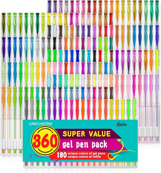 feela 360 Colors Gel Pens Set 180 Unique Gel Pen Plus 180 Refills for Adult Coloring Books Drawing