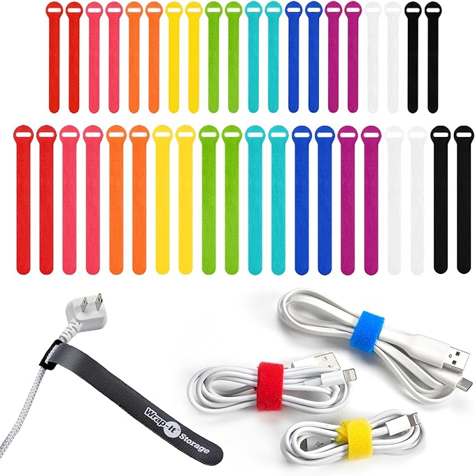Self-Gripping Cable Ties by Wrap-It Storage, Multi-Color, 40 Pack (5 Inch and 8 Inch Straps) – Reusable Hook and Loop Cord Keeper, Cable Wrappers for Cord Management and Home Office Desk Organization