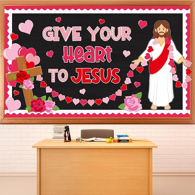 Valentine's Day Jesus Bulletin Board Set Valentines Religious Christian Classroom Decorations Give Your Heart to Jesus Love Heart Rose Cross Paper Cutouts for Sunday School Home Chalkboard Wall Decor