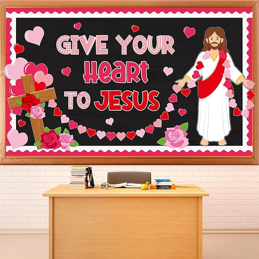 Valentine's Day Jesus Bulletin Board Set Valentines Religious Christian Classroom Decorations Give Your Heart to Jesus Love Heart Rose Cross Paper Cutouts for Sunday School Home Chalkboard Wall Decor