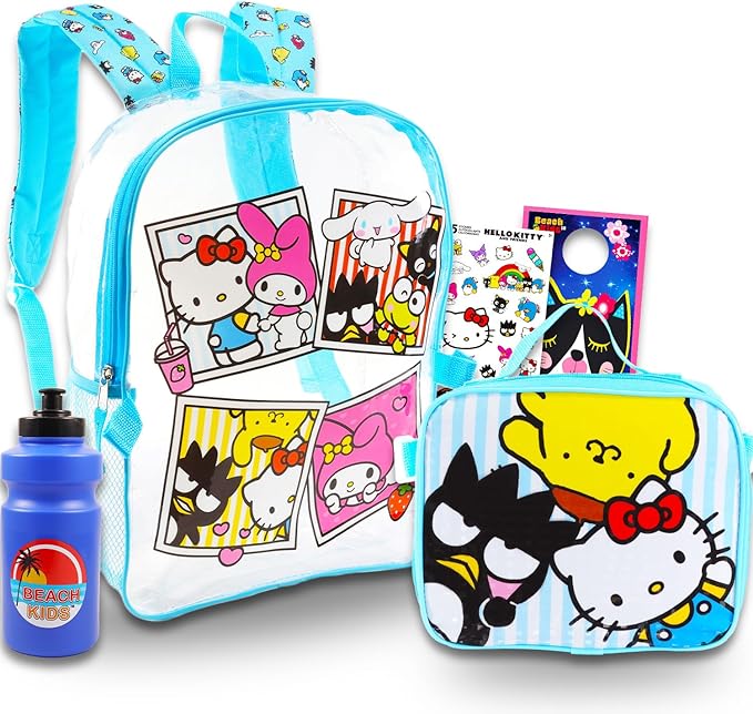 Clear Hello Kitty Clear Backpack with Lunch Box - Bundle with Sanrio School Bag, Lunch Bag, Water Bottle, Stickers, More | Transparent Hello Kitty and Friends Backpack for Girls