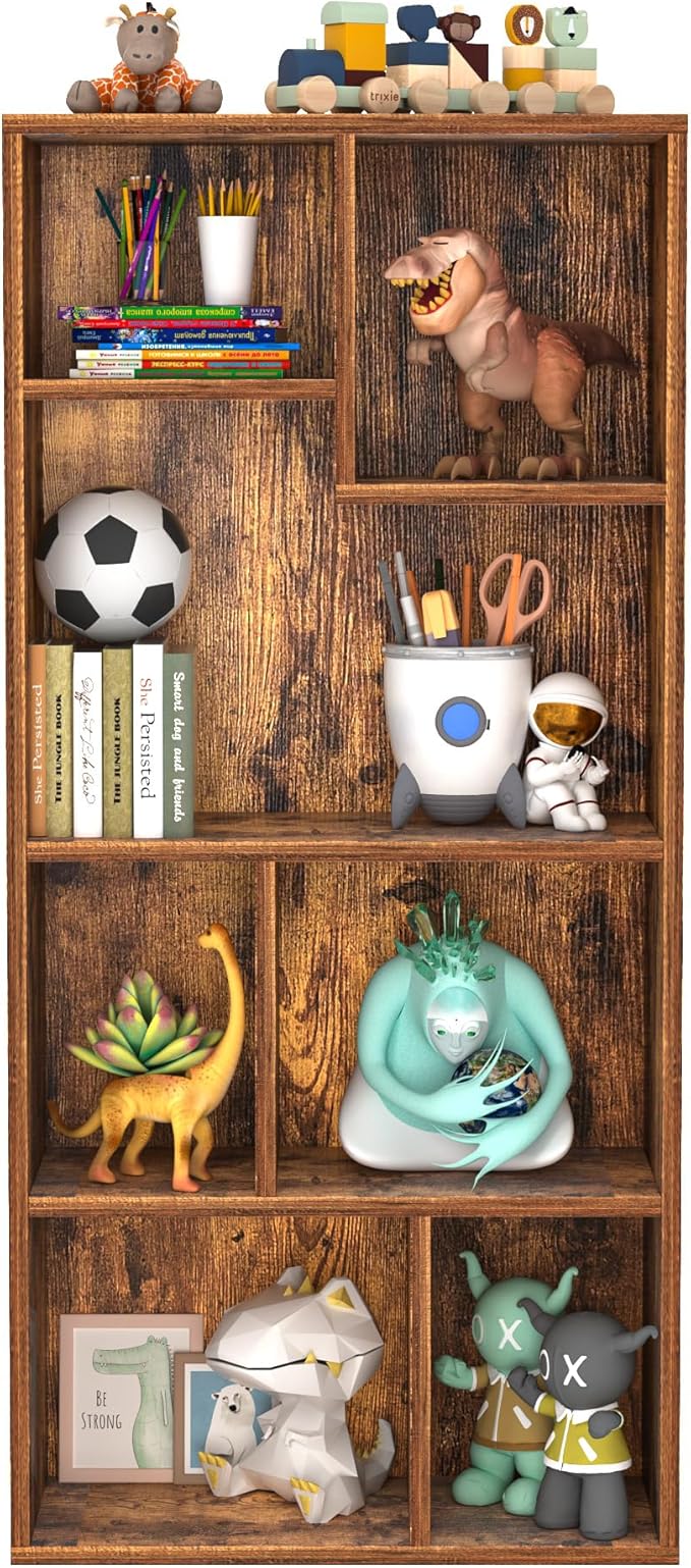 VECELO 42" Modern Bookshelf, 7 Cube Organizer Bookcase,Fits Tallest Hardcovers, Horizontal Available,Floor Standing Display,Easy Assembly,Brown