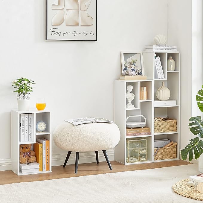 VECELO Small White Bookshelf, 4 Cube Slim Bookcase, Fits Tallest Hardcovers, Horizontal Available, Modern Floor Standing Unit, Each Shelf Hold Up to 66 LBS,White