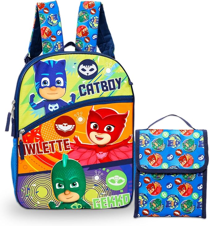 Disney PJ Masks School Backpack with Lunch Box for Kids - 5 Pc Bundle with 16" Backpack, Cinch Bag, Lunch Bag, Pencil Holder, Stickers, More | PJ Masks School Bag Set