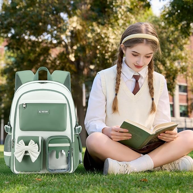 School Backpack for Girls 3PCS Nylon Kids Backpack Set with Lunch Box & Pencil Pouch, Cute Lightweight Teen Girls School Bag Laptop Bag Travel Daypack for Elementary Middle High School Beige Green