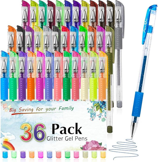 Aen Art Glitter Gel Pens for Adult Coloring Books, 36 Colors Gel Marker Set Colored Pen with 40% More Ink for Kids Drawing, Doodling, Crafts and Taking Note