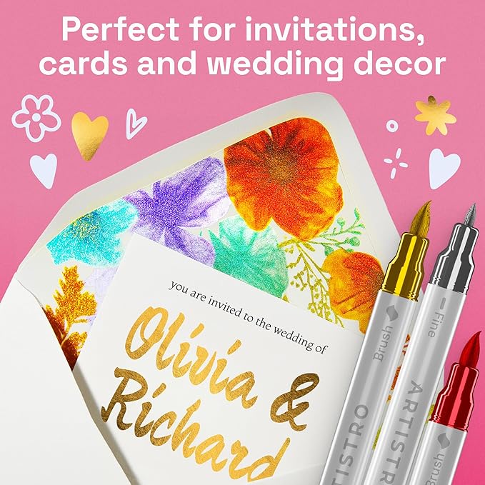 ARTISTRO 24 Metallic Acrylic Paint Markers - Paint Pens for Calligraphy, Brush + Fine Tips - Vision Board Supplies - Kit for Scrapbooking and Journaling - Art Supplies for Adults, Teens, Kids