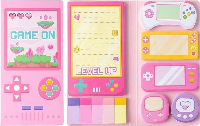 B1ykin Cute Sticky Notes Set - Level Up Video Game Shaped Self-Stick Notes Pad, 550 Sheets Writing Memo Pages Sticky Notepad for Teacher Appreciation Gifts, School Office Supplies (Pink Video Game)
