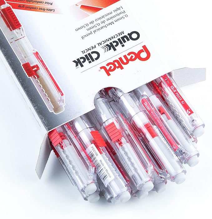 Pentel QUICK CLICK Mechanical Pencil (0.5mm), Red Barrel, Box of 12 Pencils (PD215B)