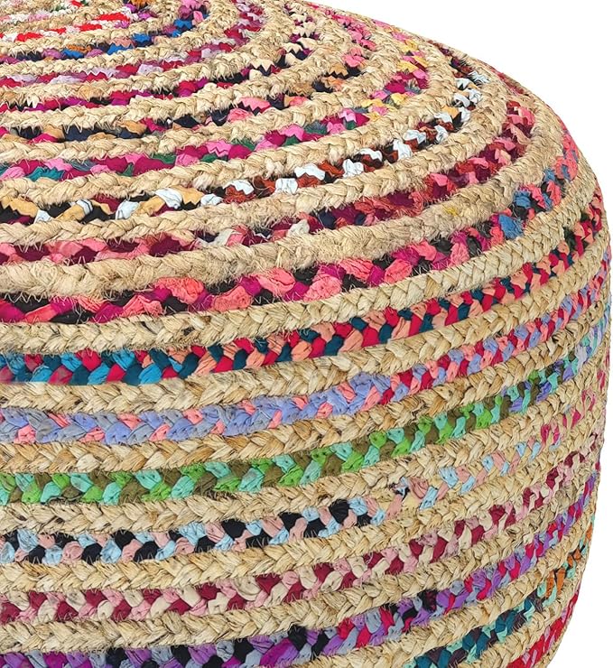 SIMPLIHOME Margo Large Round Pouf - 30 inch Wide Handwoven Jute and Cotton Braided Ottoman in Multi-Color, Boho Footstool or Extra Seating for Living Room or Bedroom with Swirl Pattern, Assembled