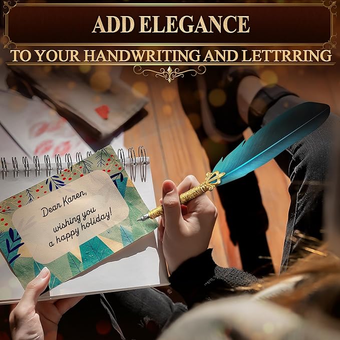 Vintage Feather Quill Pen and Ink Set - Blue Feather Pen and Ink Set, Writing and Drawing Tools with Stainless Steel Nib - Elegant Vintage Style Calligraphy Kit for Creative Hand Lettering