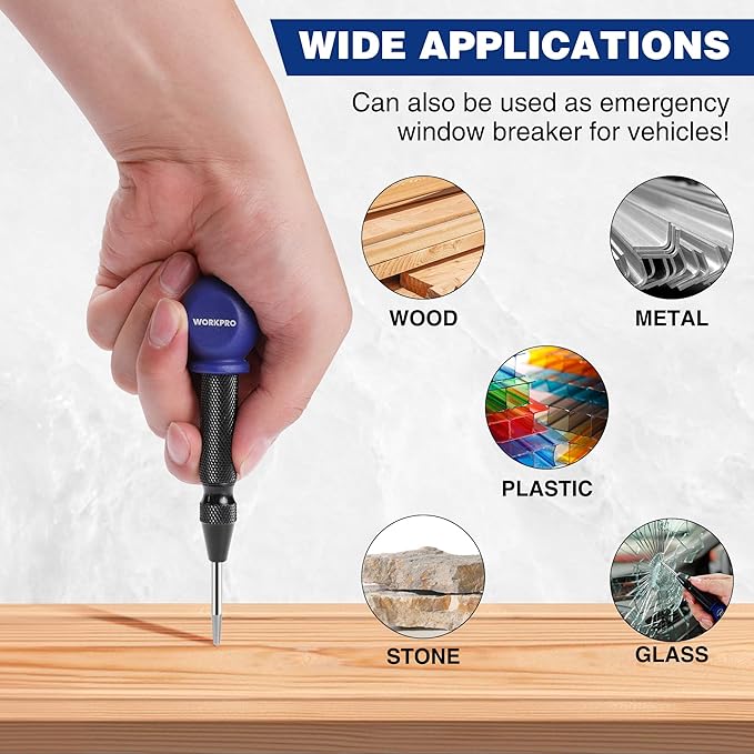 WORKPRO 2PCS Automatic Center Punch with an Extra Replacement Tip, Adjustable Spring Loaded Center Punch, Metal Punch Tool, Center Hole Punch for Wood, Metal, Plastic