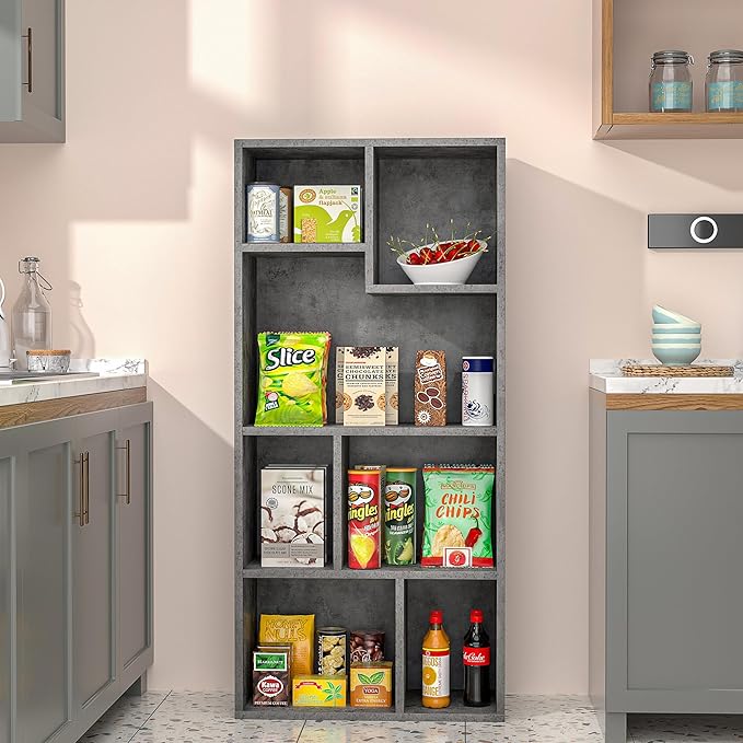 VECELO 42" Contemporary Bookshelf, 7 Cube Organizer Bookcase,Fits Tallest Hardcovers, Horizontal Available,Floor Standing Display,Easy Assembly, Gray