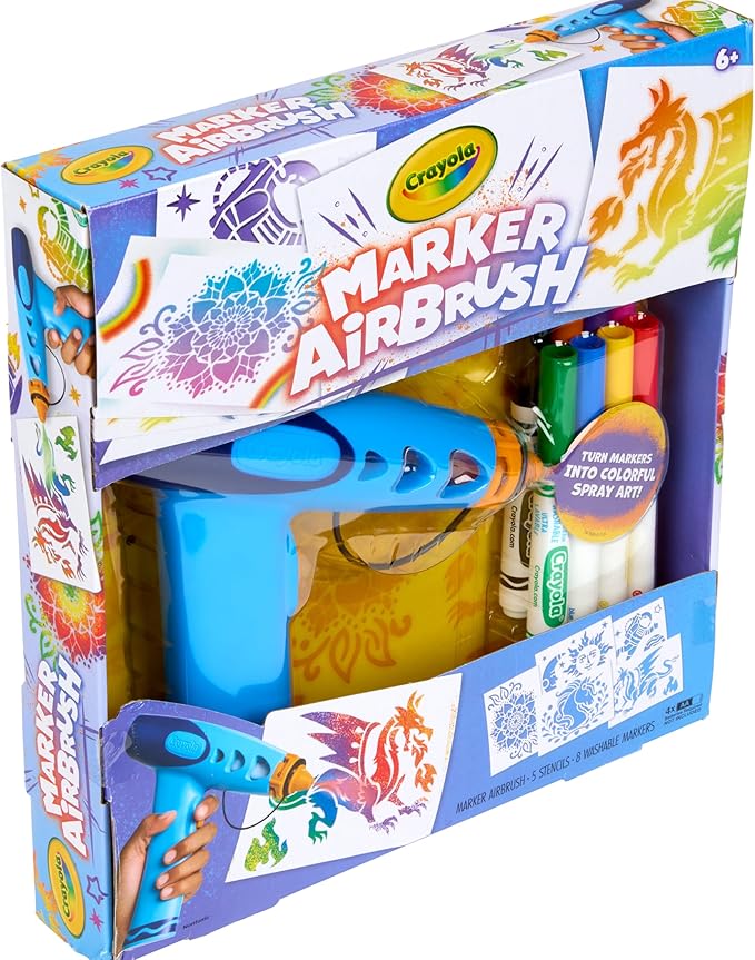 Crayola Marker Airbrush Spray Art Kit, Essential Easter Basket Stuffer for Kids, Battery-Powered Sprayer with 8 Washable Markers & 5 Stencils, DIY Craft Set, Ages 6+
