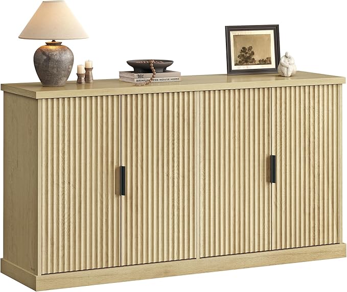 VASAGLE MAXE Collection - Buffet Cabinet, Fluted Console Cabinet, Sideboard with Adjustable Shelves, Mid Century Modern Buffet Table, 15.8 x 58.3 x 31.5 Inches, Oak Beige UBBK382Y01S