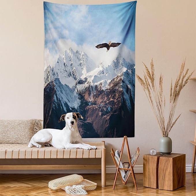 Ambesonne Mountain Tapestry Queen Size, Frozen Peaks Tops of the Mountain with a Flying Eagle Free in Nature Photo, Wall Hanging Bedspread Bed Cover Wall Decor, 88" X 88", Brown White Blue