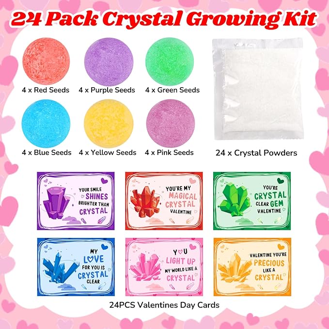 24PCS Crystal Growing Kit Valentines Day Gifts for Kids, Science Kits with Valentines Day Cards for Kids School Exchange STEM Science Experiments Planting Crystal Classroom Party Favors Boys Girls