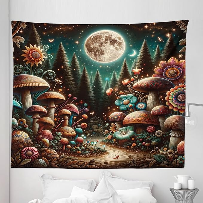 Ambesonne Aesthetic Tapestry King Size, Colorful Psychedelic and Traditional Detailed Mushrooms Night Forest, Wall Hanging Bedspread Bed Cover Wall Decor, 104" X 88", Dark Teal Purple Orange