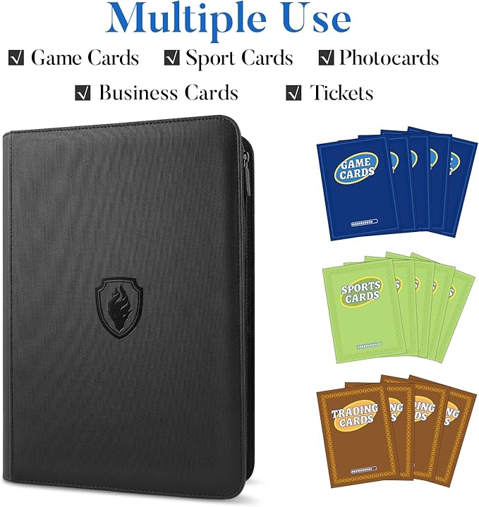 Premium Zip Card Binder, Fabmaker 9 Pocket Trading Card Binder, PU Cover Zipper Card Collection Album, Sturdy 360 Side-Loading Card Folder Holder for Game & Sports Cards, Royal Blue