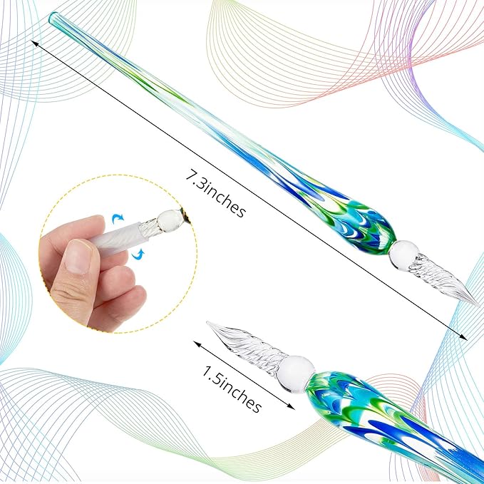 Zonon 6 Pieces Handmade Glass Dip, Crystal Glass Signature Calligraphy Vintage Dip Ink Pen Borosilicate Present Pen for Writing Drawing Decoration(Stylish Color,Bright Style)