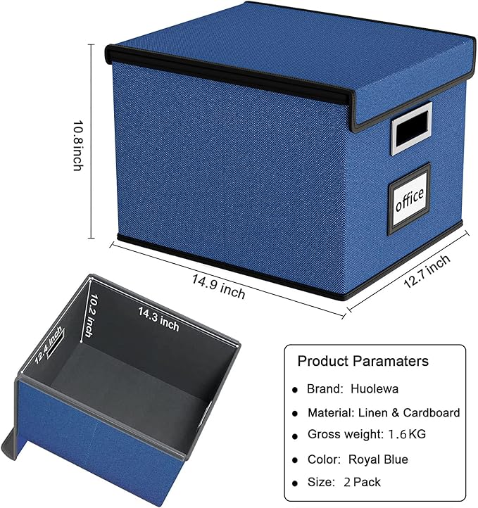 Huolewa Decorative File Organizer Boxes Office Document Storage with Lids, Portable Collapsible Linen Hanging Filing & Storage Boxes for Office/Decor/Home (Royal Blue) -14.9 x 12.7 x 10.8 inch -2 Pack