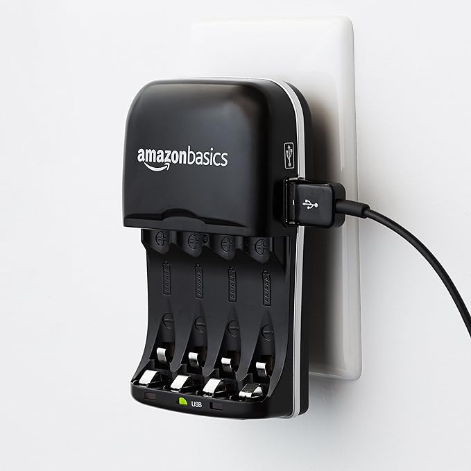 Amazon Basics Rechargeable Battery Charger for AA & AAA Ni-MH Batteries with USB Port, Portable, Travel-Friendly, Over-Charge Protection, Black