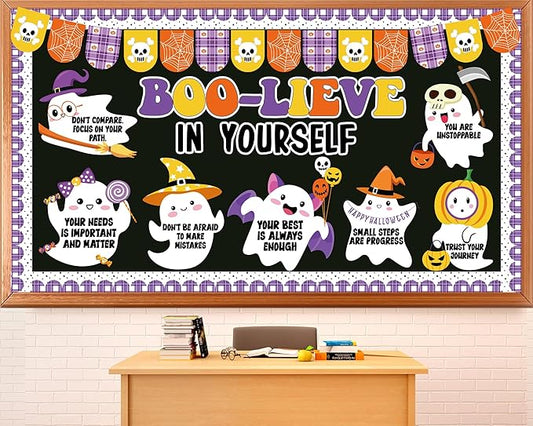Halloween Ghost Bulletin Board Set Classroom Decorations Cute Ghost Paper Cutouts Halloween Theme Motivational Inspirational Bulletin Board for School Classroom Home Office Wall Door Decor Supplies
