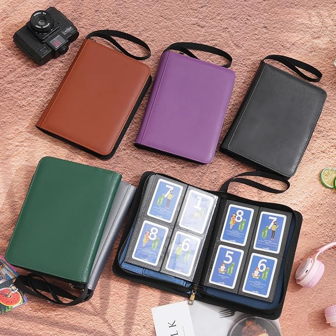 Wonderpool Card Binder A5 Album Zippered 4-Pocket Trading for 240 Cards - Leather PU Card Holder Collection Storage Folder, Side-Loading for Photo Pokemon, MTG, TCG, Yugioh, Sports Cards (Grey)