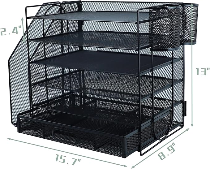 6 Tier Desk File Organiser with Extra Vertical File Sorter, Paper Letter Tray with Top Stationery Drawer Holder, A4 Paper Desktop Filing Trays, Magazine Document Holder for Home Office, Black
