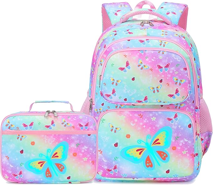 Girls Backpack with Lunch Box Glow in Dark Butterfly Bookbag Teens Ages 4-12 Kindergarten Elementary Middle School Butterfly Backpack, Luminous Butterfly Rainbow