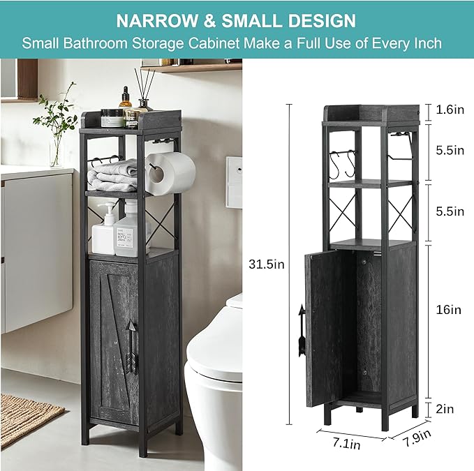 VECELO Small Bathroom Cabinet, Slim Toilet Paper Holder with Magnetic Door&2 Shelves, Narrow Storage Organizer for Bathroom Restroom Tiny Space, Fenced Top Waterproof Board, Coal Grey