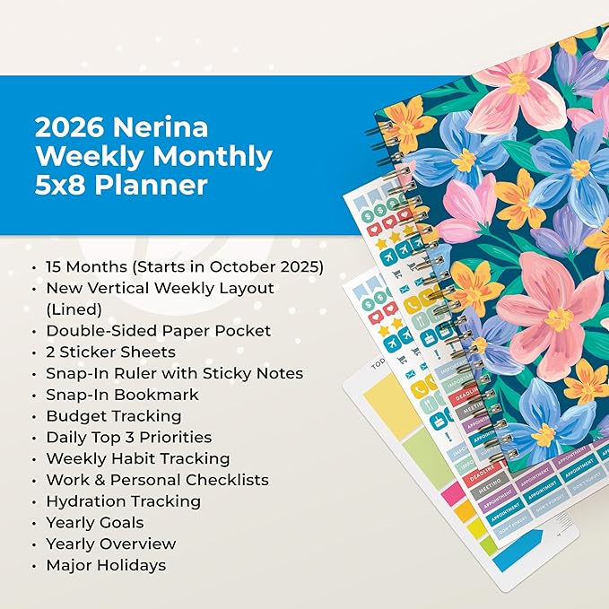 Blue Sky 15 Month 2026 Weekly and Monthly Planner Calendar, October 2025 - December 2026, 5" x 8", Hard Cover, Durable Twin Wire Binding, Laminated Tabs, Storage Pocket, Includes Ruler, Sticky Notes & Stickers, Nerina