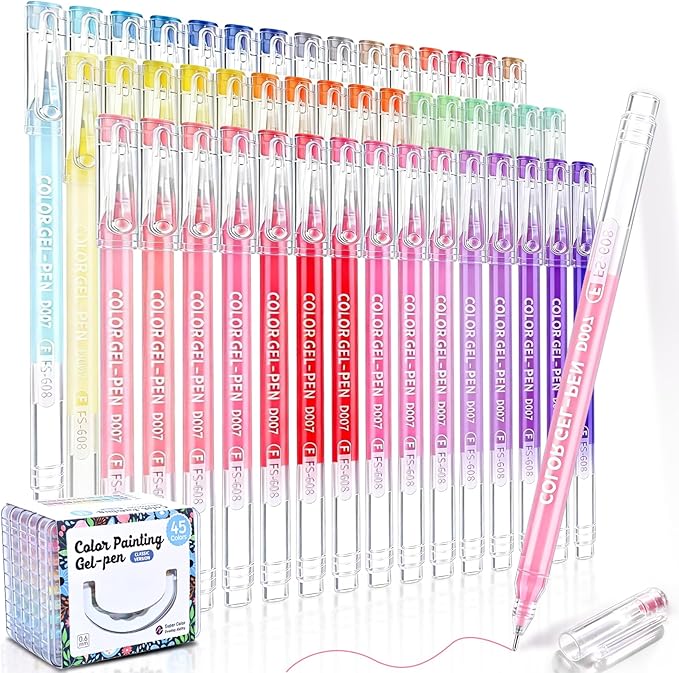 Gel Pens For Coloring, 45 Colors Gel Colored Pens Marker for Adult Coloring Books, 0.6mm Fine Point Pens for Black Paper, Writing, Journaling, Drawing, Art Supplies