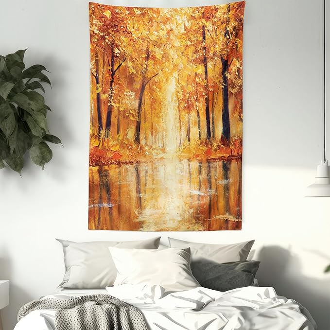 Ambesonne Country Tapestry Twin Size, Painting of a Forest by the Small Lake in Autumn Pale Fall Trees and Leaves Art, Wall Hanging Bedspread Bed Cover Wall Decor, 68" X 88", Brown Orange