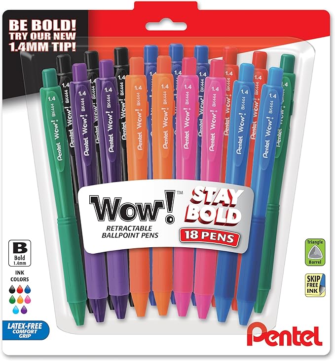 Pentel Wow! Retractable Ballpoint Pen, (1.4mm), Bold Line, Assorted Ink Colors, Pack of 18 (BK444BP18M)
