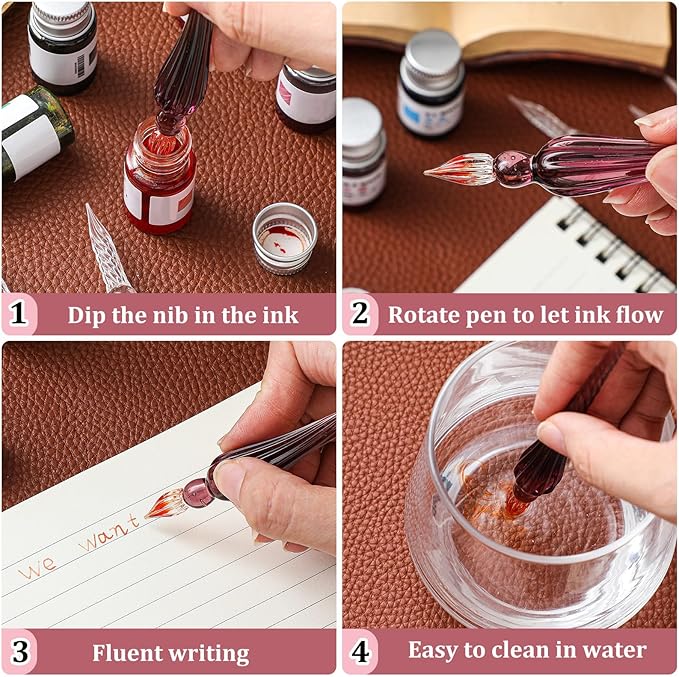 Zonon Glass Dipped Pen Ink Set 14 Pcs Include 6 Pcs Glass Dip Pen, 6 Colorful India Ink and 2 Holder Crystal Signature Calligraphy for Art, Writing, Gift(Purple Pink Color System)