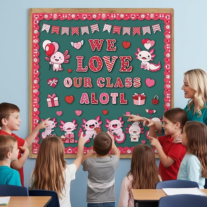 Valentine Axolotl Classroom Decor - Cute Axolotl Valentines Day Bulletin Board Decorations, We Love Our Class Paper Cutouts Set for School, Chalkboard Office Wall Decor Supplies