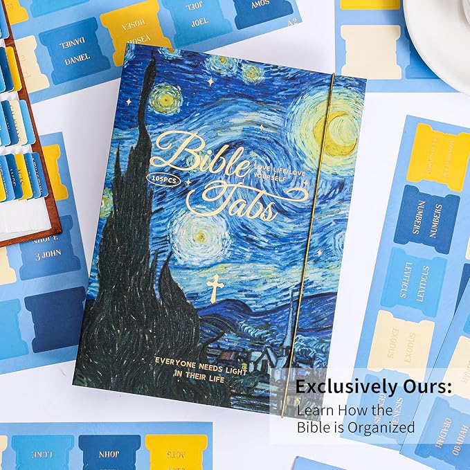 Starry Night Bible Tabs, Van Gogh Inspired 105 Pcs Gold Foil Index Tabs with Ruler - 66 Books & 39 Blank DIY Stickers, Bible Journaling Supplies, Artistic Bible Accessories Gift Set for Women and Men