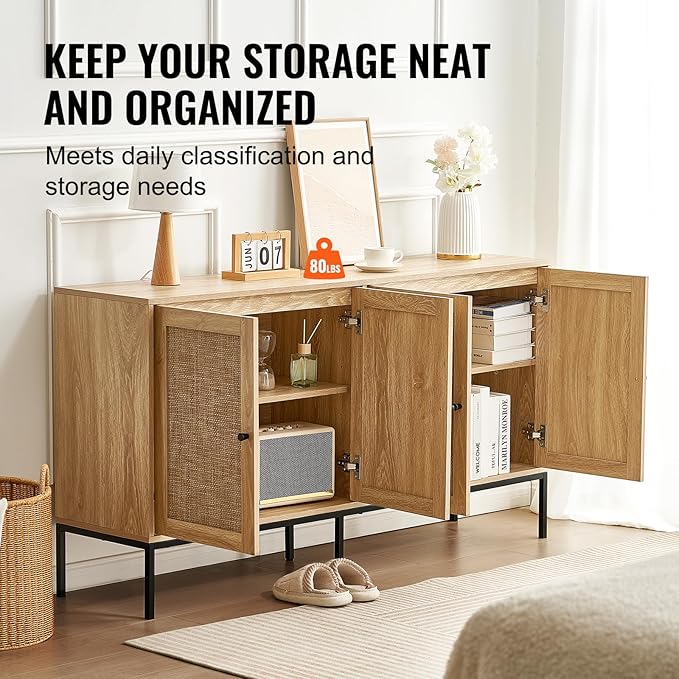 VEVOR Rattan Storage Cabinet with 4 Magnetic Doors and Adjustable Shelves, Sideboard Buffet for Hallway, Entryway, Living Room, or Kitchen, Natural