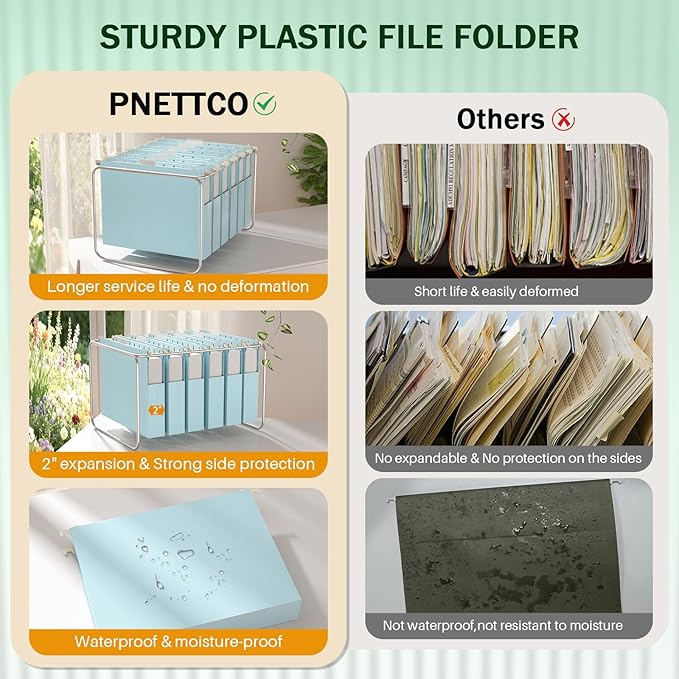 Hanging File Folders Letter Size, 12 Pack Blue Hanging File Folders, 2 Inch Expandable Hanging Folders Letter Size for Filing Cabinet/Drawer/Desk Organizer, 15 X Adjustable Tabs,Baby Blue