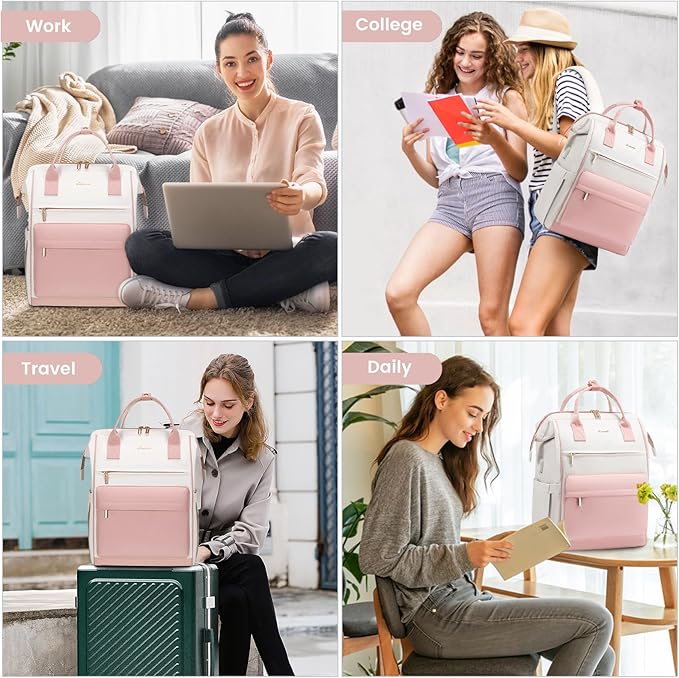 LOVEVOOK Laptop Backpack for Women, 17 Inch Work Teacher Nurse Bag, Large Capacity Business Computer Backpack Purse with USB Port, Stylish Casual Daypack for Travel,Beige&Pink