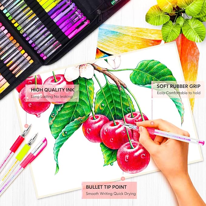 Soucolor Gel Pens for Adult Coloring Books, Deluxe 120 Pack-60 Colored Gel Pens, 60 Refills, with 40% More Ink, Art Markers Set, Black Case for Drawing Journaling Scrapbooking Art Kit Supplies