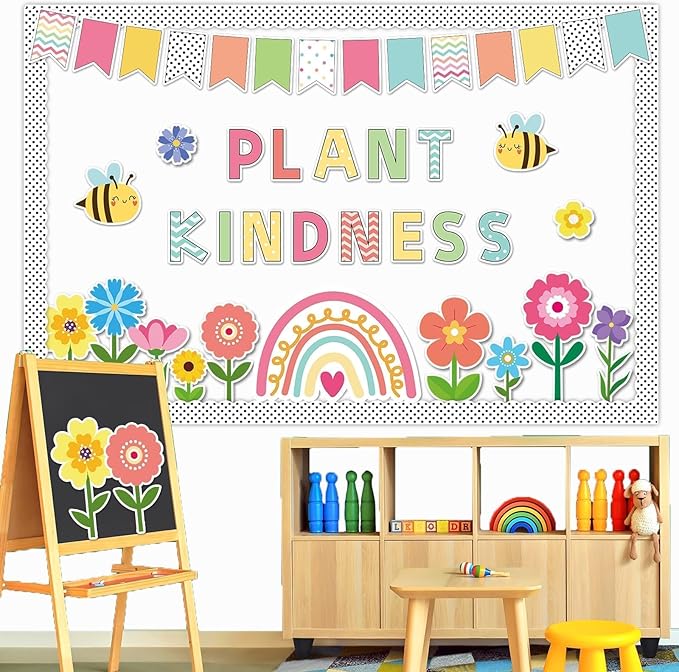 98 Pcs Spring Floral Flowers Bulletin Board Decorations Plant Kindness Bulletin Board Set Spring Floral Classroom Decor Rainbow Flowers Bee Cutouts for Primary School Home Wall Decorations