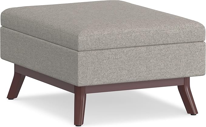 SIMPLIHOME Owen Coffee Table Storage Ottoman - 34 inch Wide Upholstered Woven Fabric Rectangular Lift-Top Ottoman in Cloud Grey, Mid-Century Modern Bench for Living Room with Tapered Legs