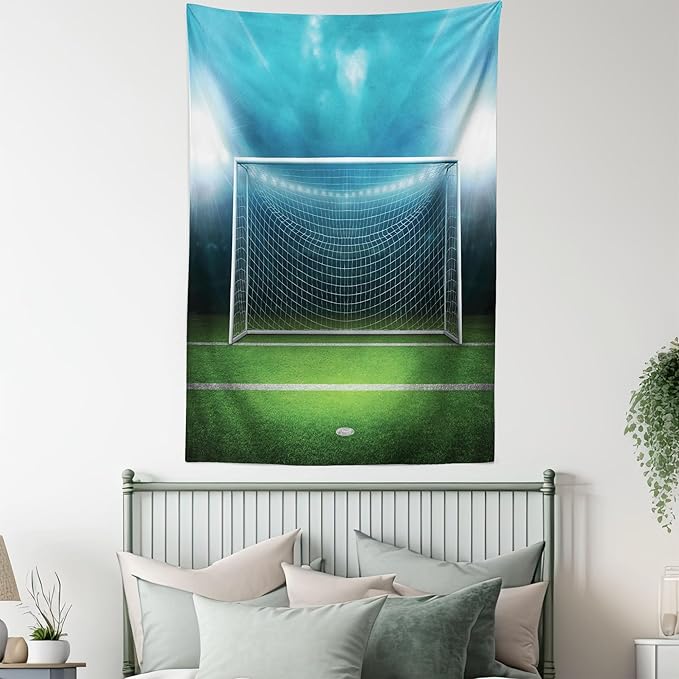 Ambesonne Soccer Tapestry, Soccer Goal Post Sports Area Winner Loser Line Floodlit Best Team Finals Game Theme, Fabric Wall Hanging Decor for Bedroom Living Room Dorm, 23" X 28", Green and Blue