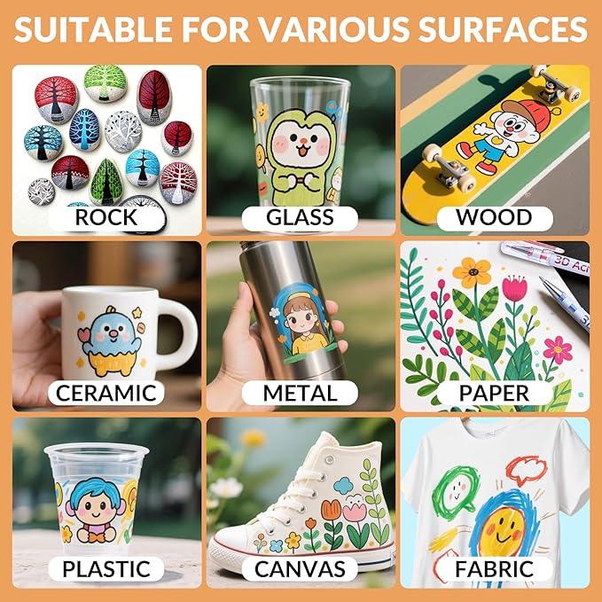 3D Acrylic Gel Pen,12 Colors Gel Pens With 1mm Bullet Tip Point, Acrylic Paint Pens for Black Paper,Rock Painting, Glass, Wood, Fabric,Cards,Scrapbook,DIY Art Crafts
