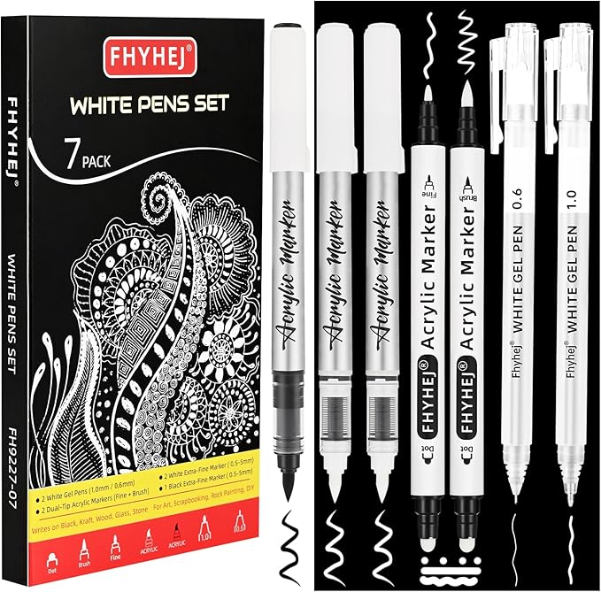 White Gel Pens Set of 7 – white Ink pen Dual-Tip Acrylic Paint Pen Brush Tip Acrylic Markers for Black Paper Drawing, Sketching, Illustration, Card Making